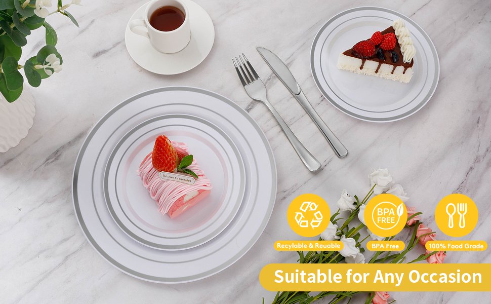 10.25& 7.5 White Silver Rim Plates Sets a1