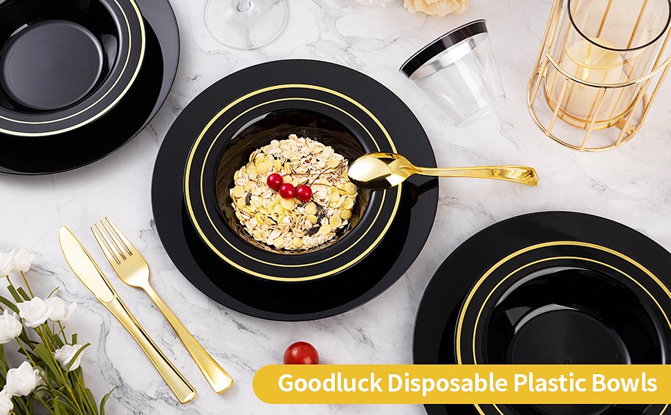 12oz Black Plastic Soup Bowls with Gold Rim A+1