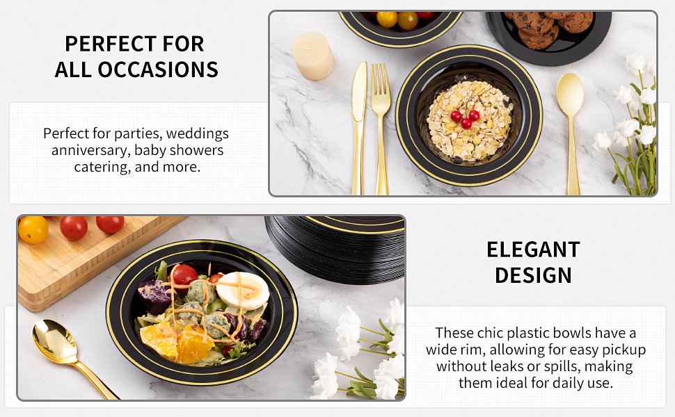 12oz Black Plastic Soup Bowls with Gold Rim A+2
