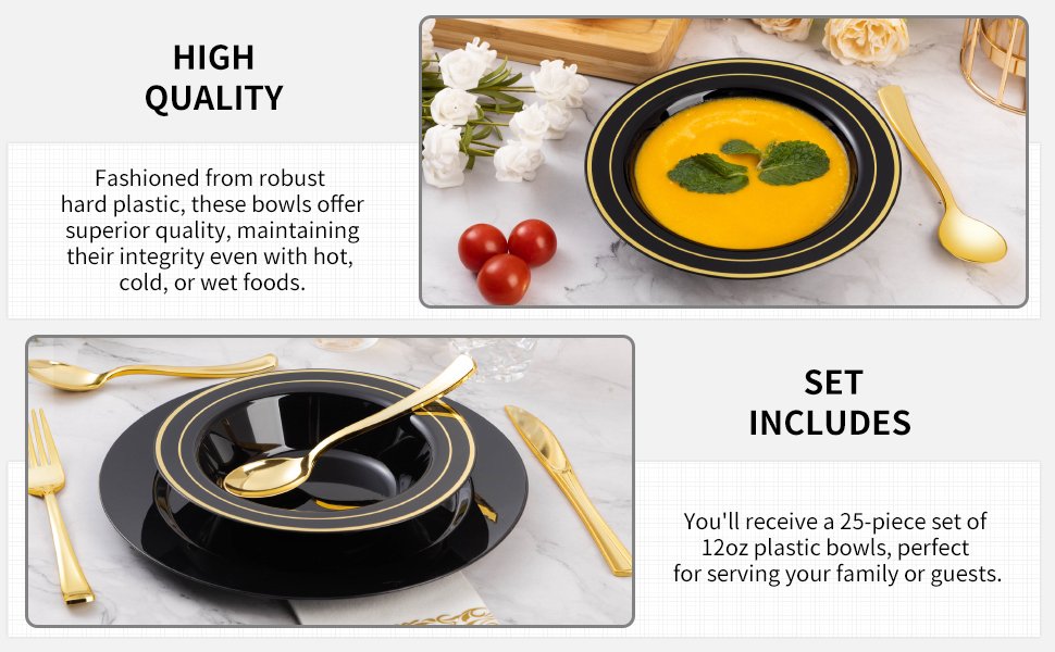 12oz Black Plastic Soup Bowls with Gold Rim A+3-25