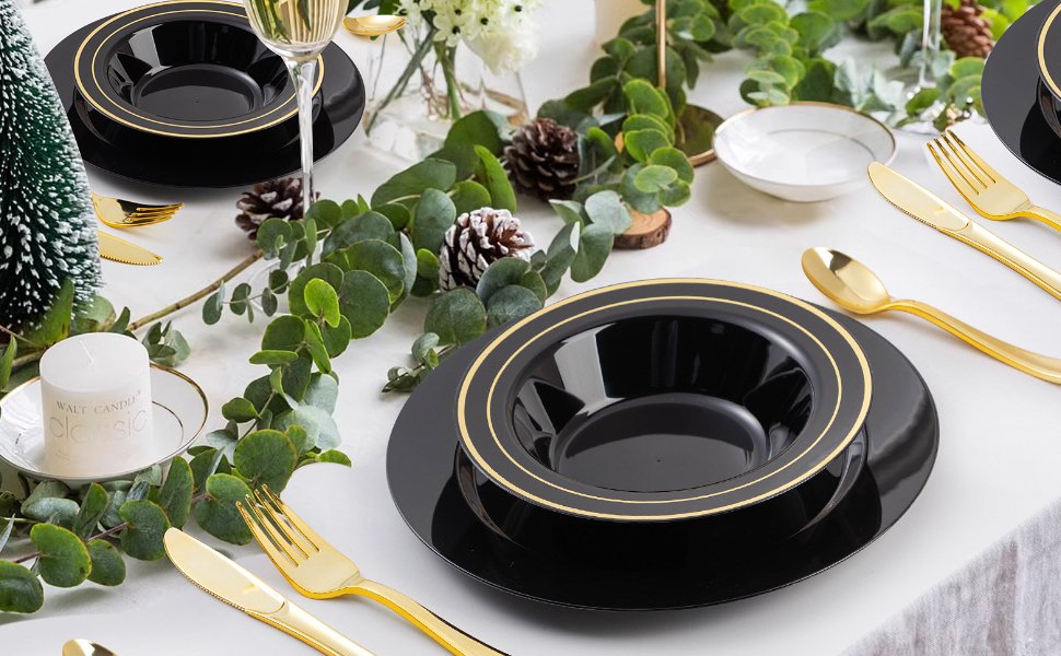 12oz Black Plastic Soup Bowls with Gold Rim A+4