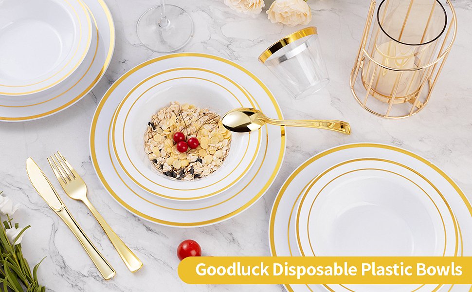 12oz White Plastic Soup Bowls with Gold Rim A+1