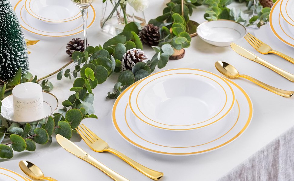 12oz White Plastic Soup Bowls with Gold Rim A+4