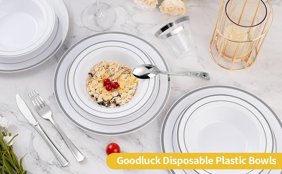 12oz White Plastic Soup Bowls with Silver Rim A+1