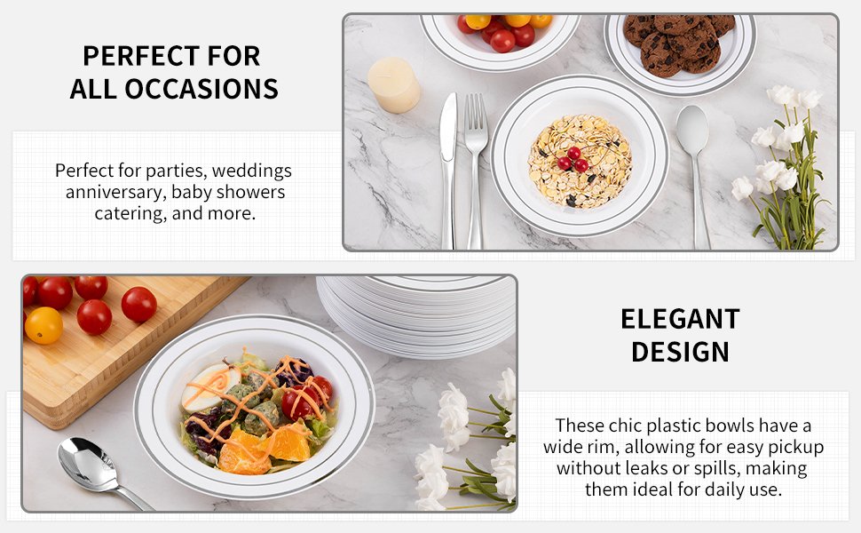 12oz White Plastic Soup Bowls with Silver Rim A+2