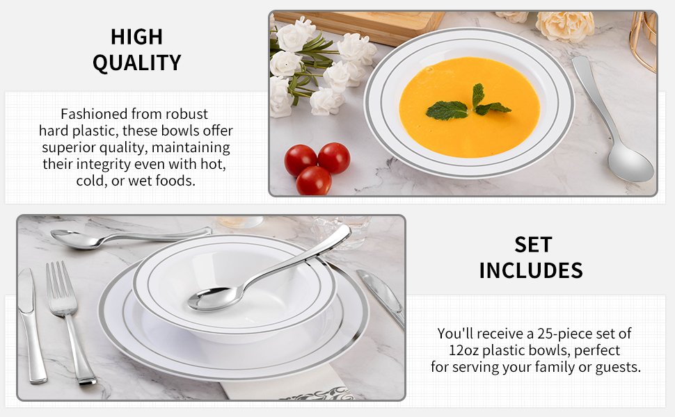 12oz White Plastic Soup Bowls with Silver Rim A+3-25