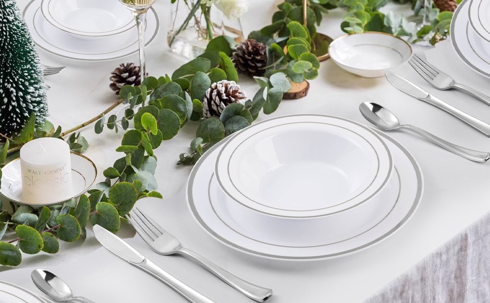 12oz White Plastic Soup Bowls with Silver Rim A+4