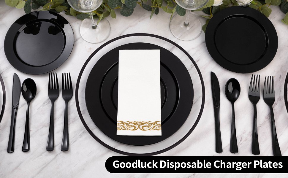 12″ Clear Plastic Charger Plates with Black Rim A+1