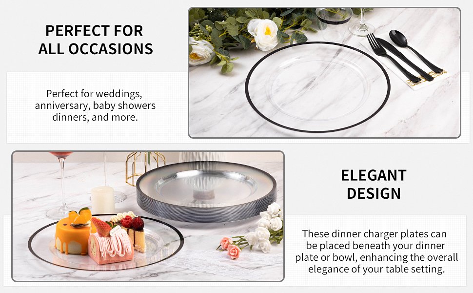 12″ Clear Plastic Charger Plates with Black Rim A+2