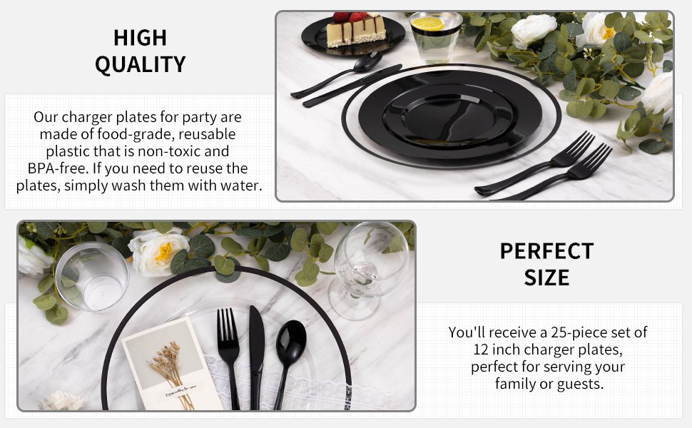 12″ Clear Plastic Charger Plates with Black Rim A+3-25