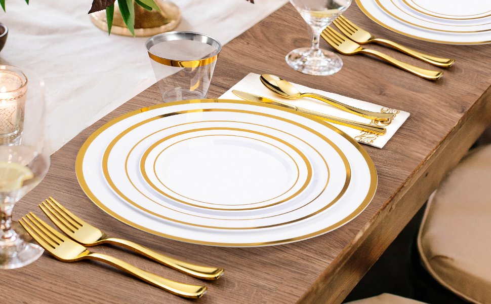 12″ White Charger Plates with Gold Trim Description 3