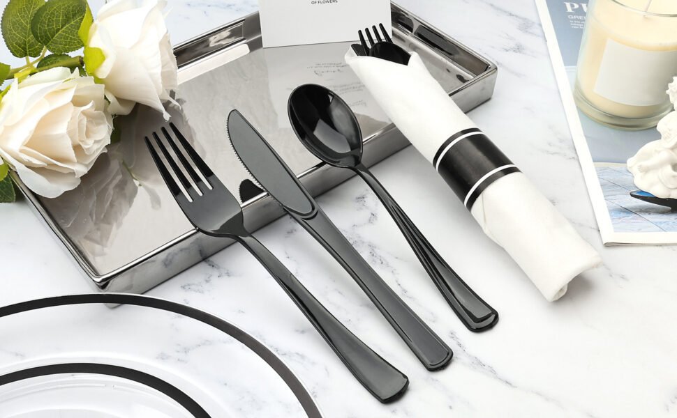 Black Rolled Plastic Cutlery Sets A5