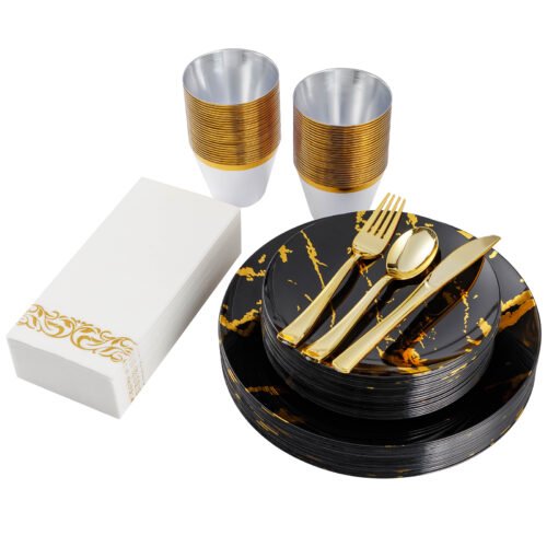 Disposable Black and Gold Marble Plastic Dinnerware Sets