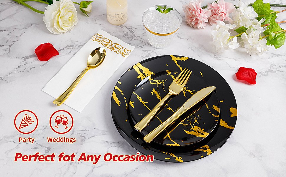Disposable Black and Gold Marble Plastic Dinnerware Sets A1