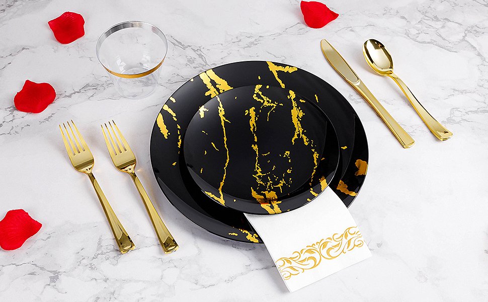 Disposable Black and Gold Marble Plastic Dinnerware Sets A2