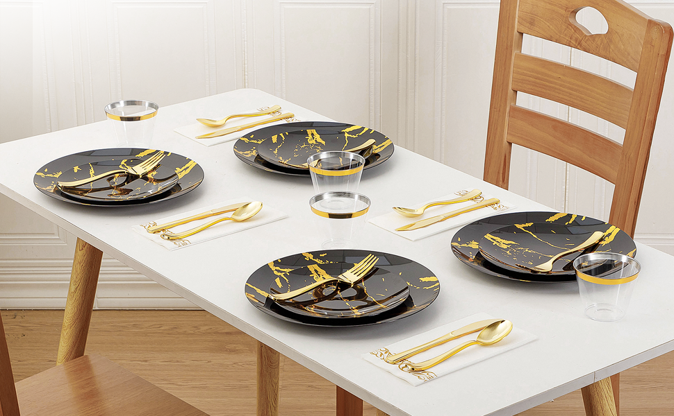 Disposable Black and Gold Marble Plastic Dinnerware Sets A3