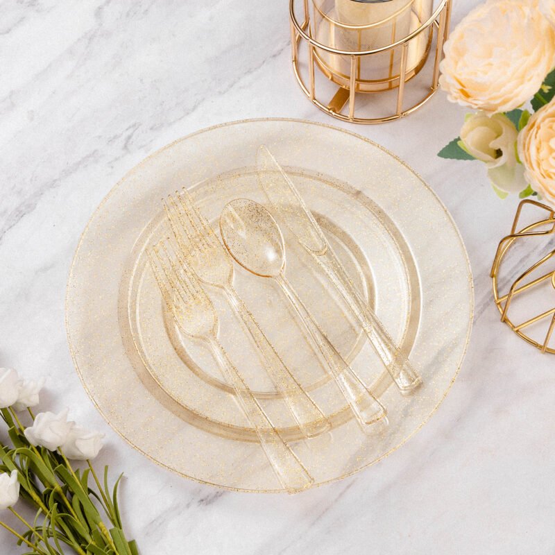 Disposable Clear Gold Glitter Plastic Dinnerware Sets2