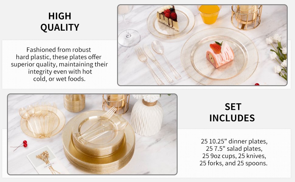 Disposable Clear Gold Glitter Plastic Dinnerware Sets a3