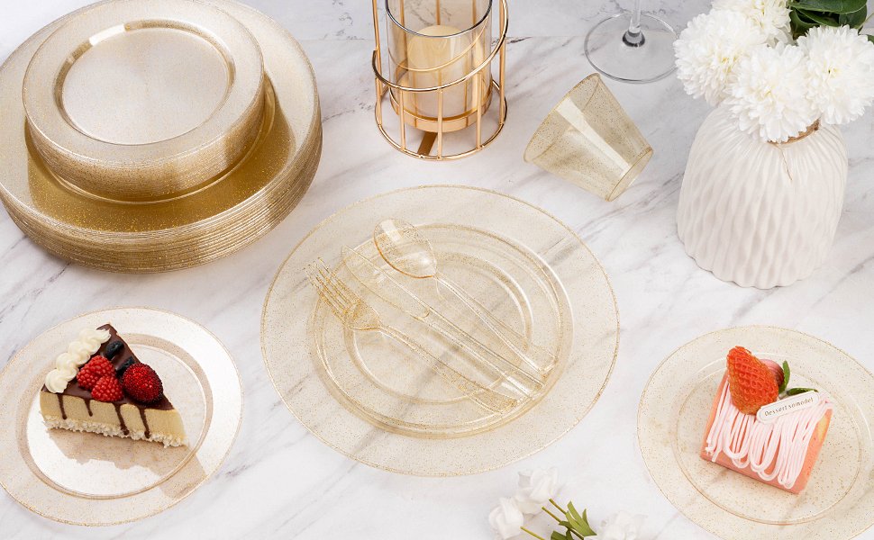 Disposable Clear Gold Glitter Plastic Dinnerware Sets a4