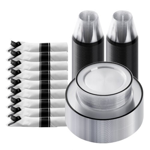 10.25"& 7.5" Clear and Black Plastic Dinnerware Sets with Napkins
