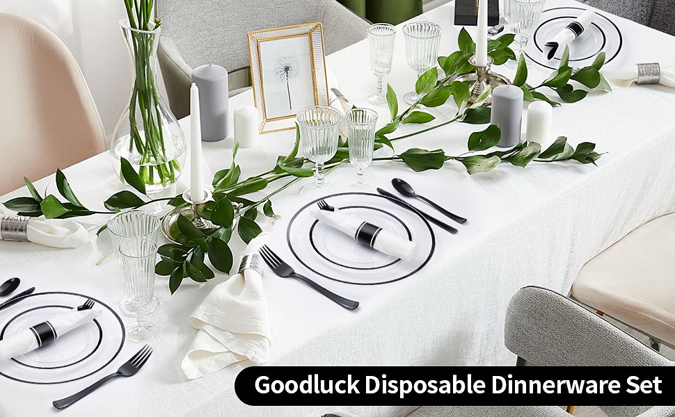 Disposable Clear and Black Plastic Dinnerware Sets with Napkins A1