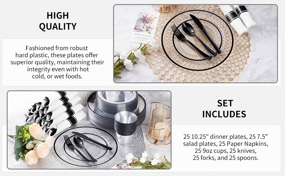 Disposable Clear and Black Plastic Dinnerware Sets with Napkins A3