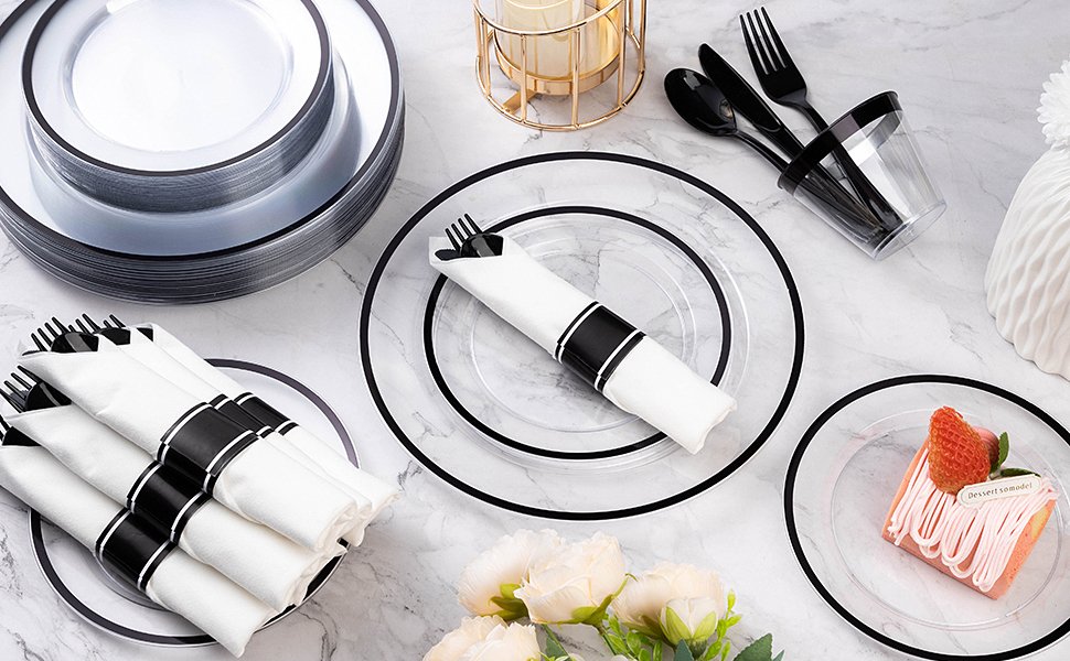 Disposable Clear and Black Plastic Dinnerware Sets with Napkins A4