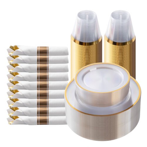 Disposable Clear and Gold Plastic Dinnerware Sets with Napkins