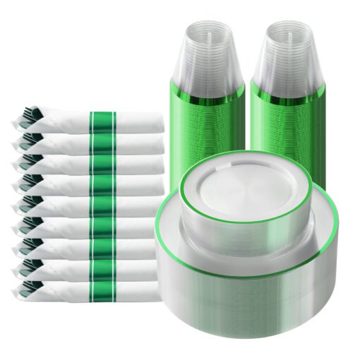 Disposable Clear and Green Plastic Dinnerware Sets with Napkins