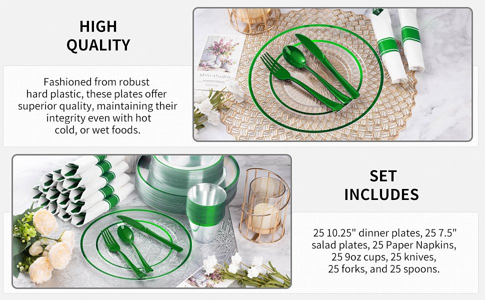 Disposable Clear and Green Plastic Dinnerware Sets with Napkins A3