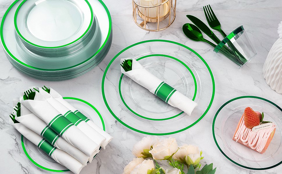 Disposable Clear and Green Plastic Dinnerware Sets with Napkins A4