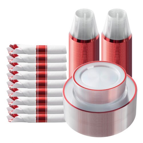 Disposable Clear and Red Plastic Dinnerware Sets with Napkins
