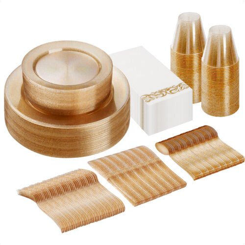 Disposable Gold Glitter Plastic Dinnerware Sets with Napkins