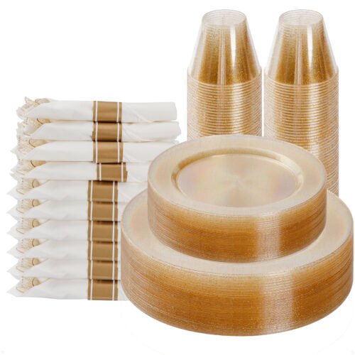 10.25"& 7.5" Gold Glitter Plastic Dinnerware Sets with Rolled Napkins
