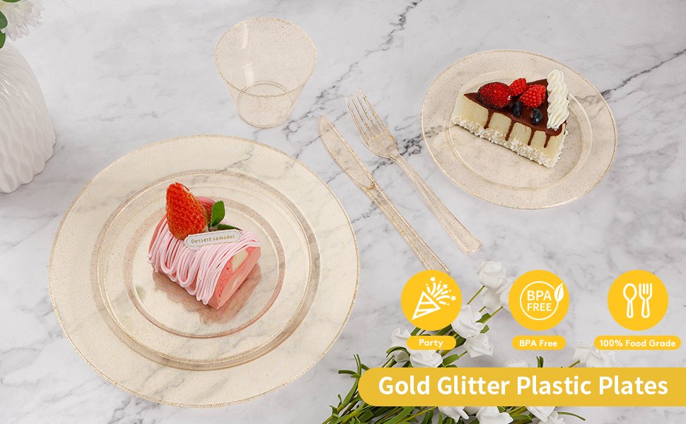 Disposable Gold Glitter Plastic Dinnerware Sets with Rolled Napkins A1