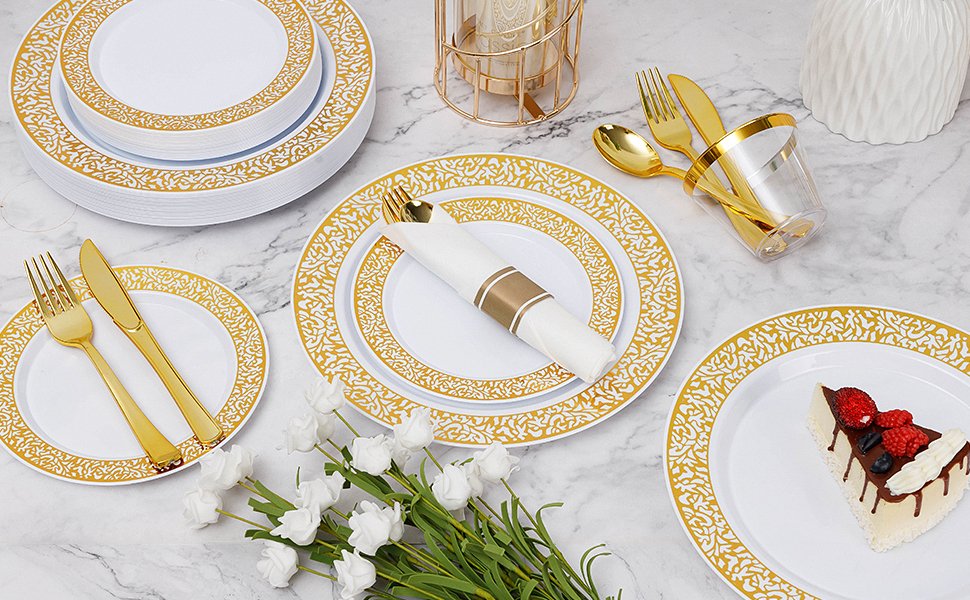 Disposable Gold Lace Plastic Dinnerware Sets a4