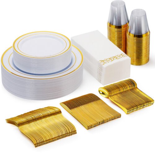 10.25"& 7.5" Gold Plastic Dinnerware Sets with Napkins