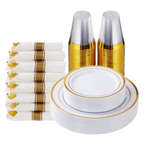 Disposable Gold Plastic Dinnerware Sets with Rolled Napkins