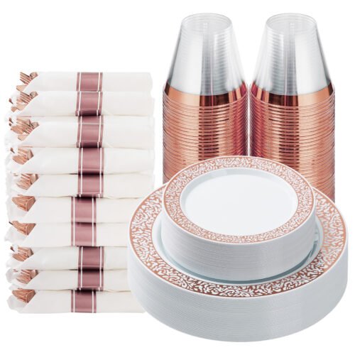 Disposable Rose Gold Lace Plastic Dinnerware Sets