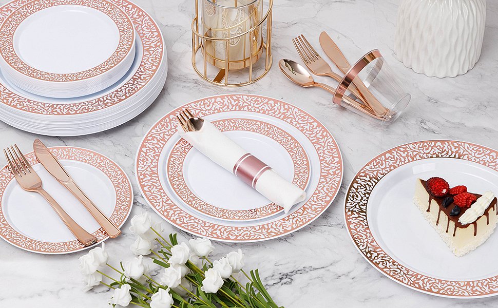 Disposable Rose Gold Lace Plastic Dinnerware SetsA1
