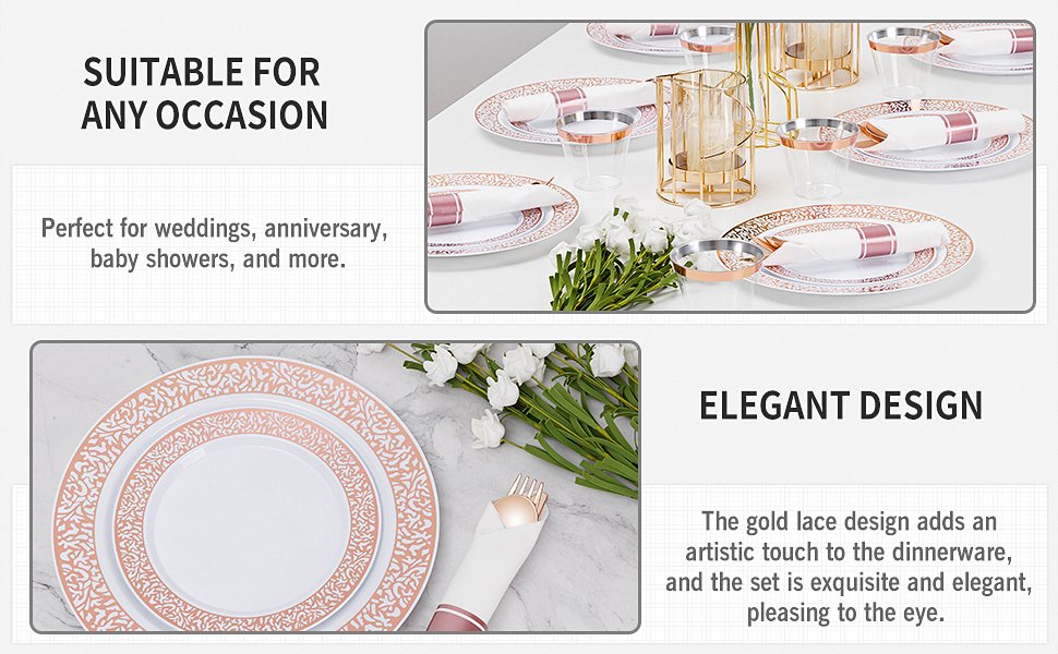 Disposable Rose Gold Lace Plastic Dinnerware SetsA4