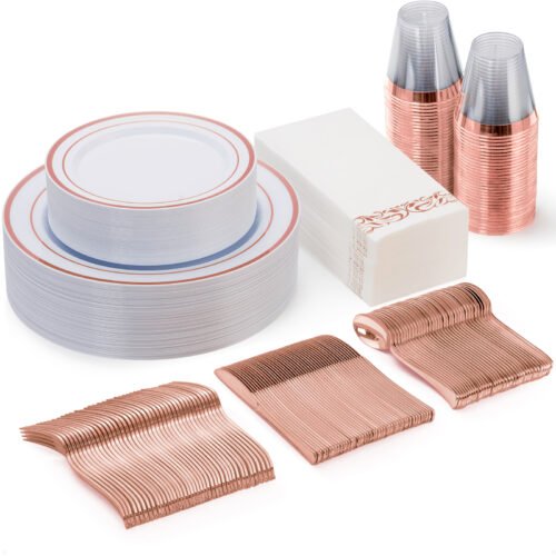 10.25"& 7.5" Rose Gold Plastic Dinnerware Sets with Napkins