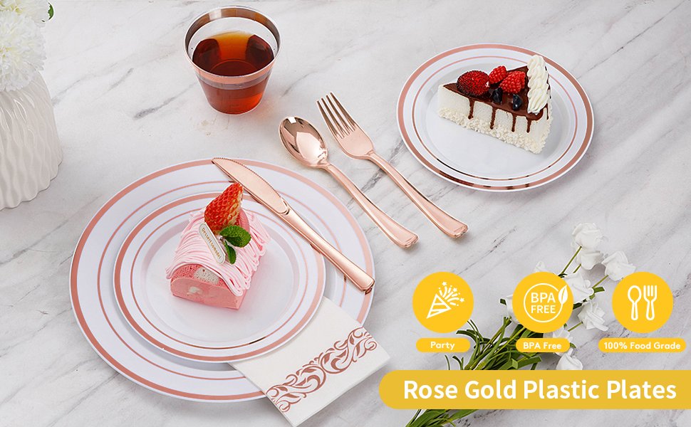 Disposable Rose Gold Plastic Dinnerware Sets with Napkins a1
