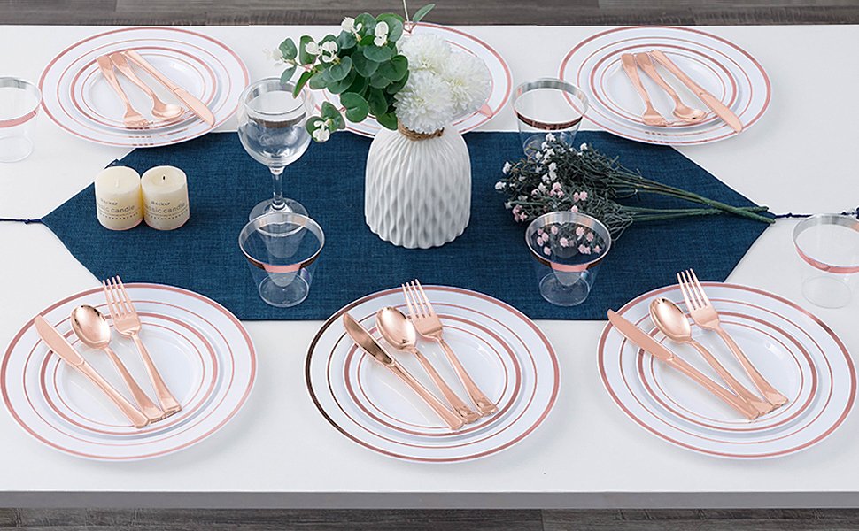 Disposable Rose Gold Plastic Dinnerware Sets with Napkins a4
