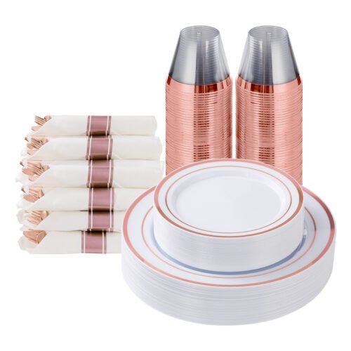 Disposable Rose Gold Plastic Dinnerware Sets with Rolled Napkins