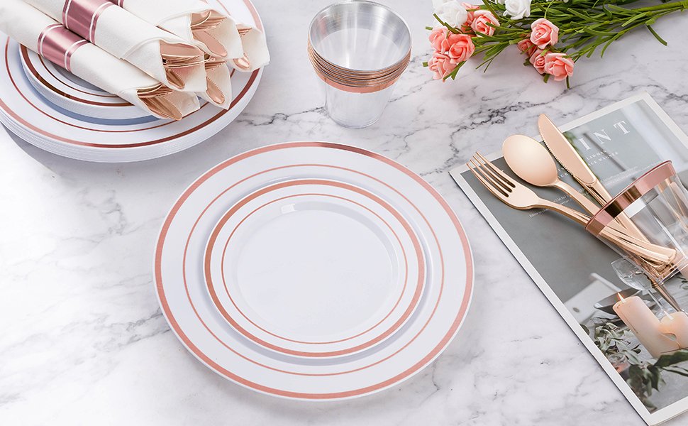 Disposable Rose Gold Plastic Dinnerware Sets with Rolled Napkins A1