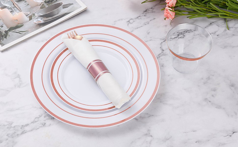 Disposable Rose Gold Plastic Dinnerware Sets with Rolled Napkins A2