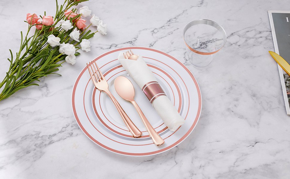 Disposable Rose Gold Plastic Dinnerware Sets with Rolled Napkins A3