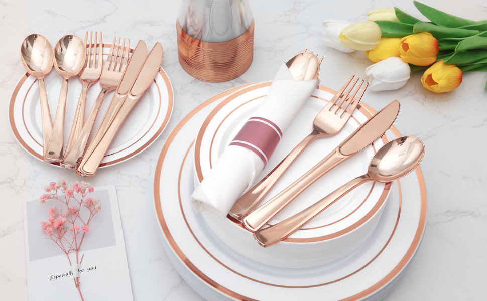 Disposable Rose Gold Plastic Dinnerware Sets with Rolled Napkins A4