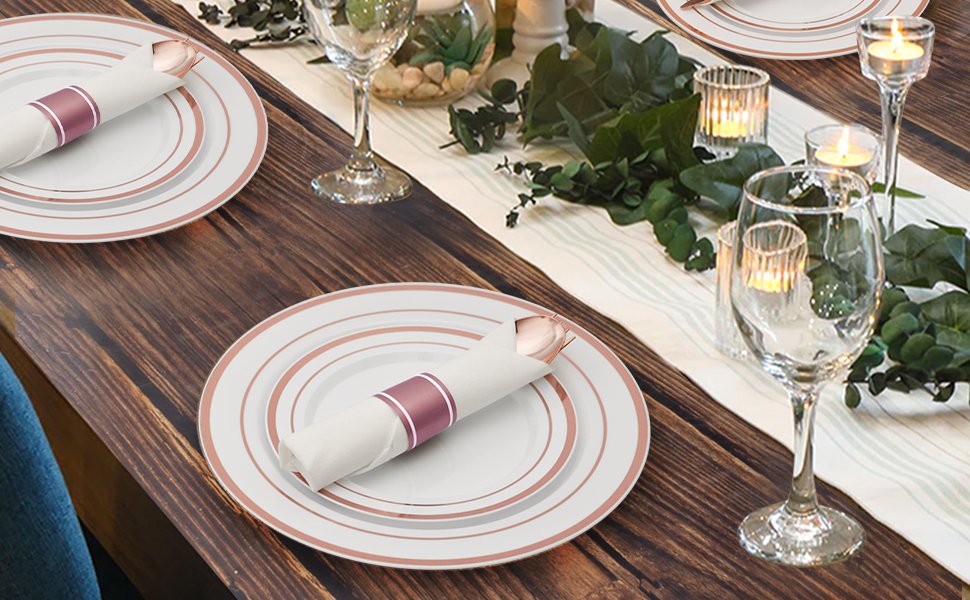 Disposable Rose Gold Plastic Dinnerware Sets with Rolled Napkins A5